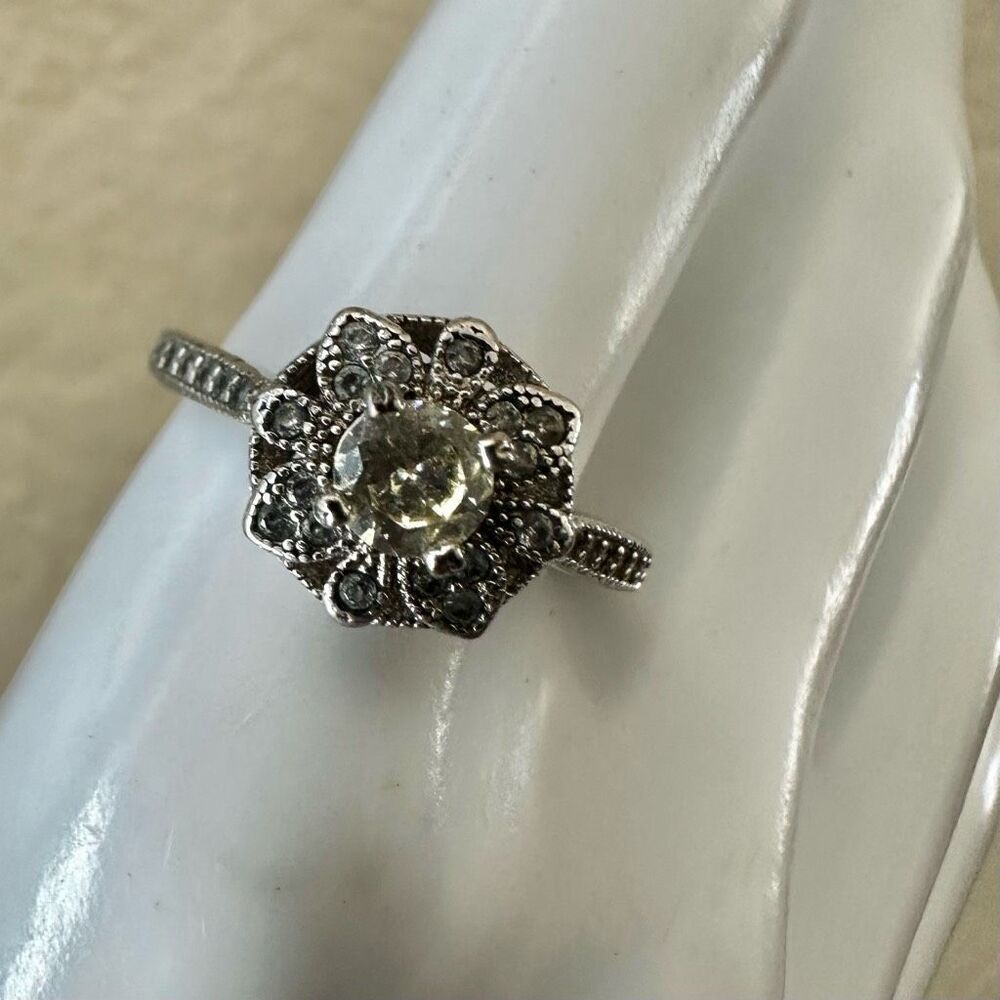 Vintage-Style Filigree Halo Ring with Pale Yellow Center Stone